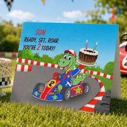 Carte Son 2e anniversaire Dino Voiture Course Prêt Parte