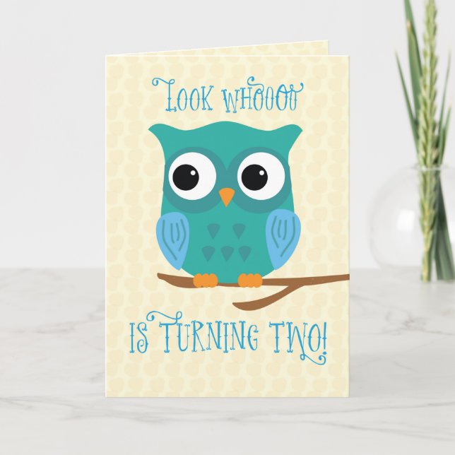 Carte Son 2e hibou d'anniversaire bleu et vert (Devant)