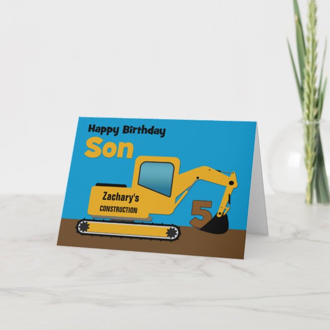 Carte Son 5e anniversaire Yellow Excavator Ajouter un no (Devant)