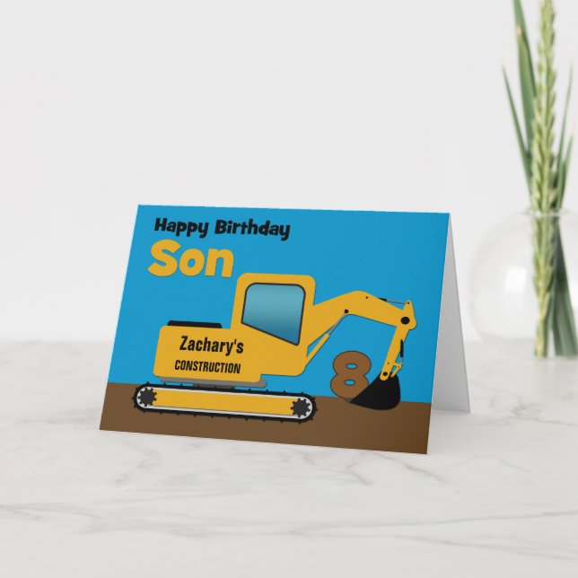 Carte Son 8e anniversaire Yellow Excavator Ajouter un no (Devant)