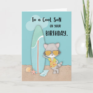 Carte Son Birthday Beach Cool Raccoon en lunettes de sol