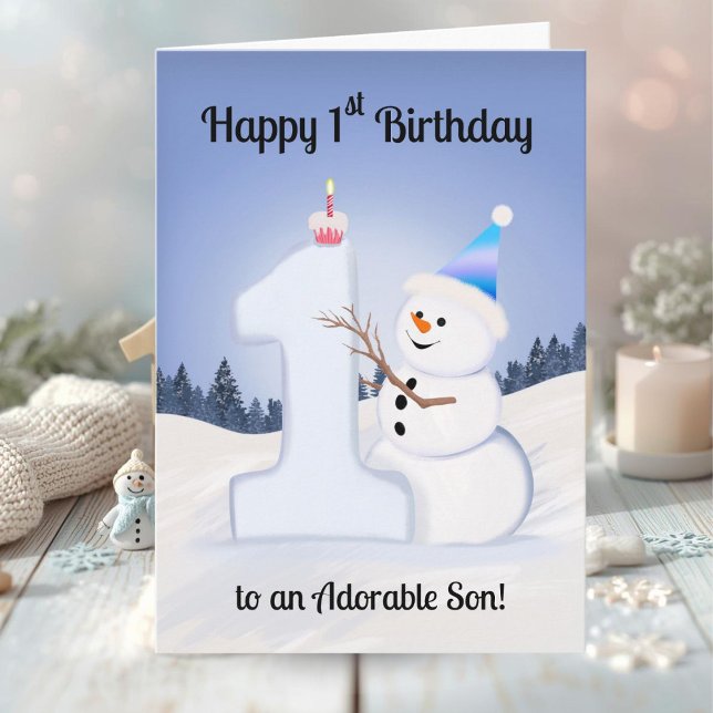 Carte Son Happy 1st Birthday Snowman Building (Créateur téléchargé)