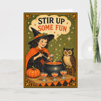 Carte Sorcière amusante et hibou Halloween vintage