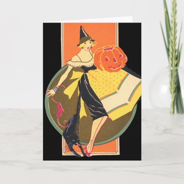 Carte Sorcière Art Déco Citrouille Jack O Lantern Chat N (Devant)