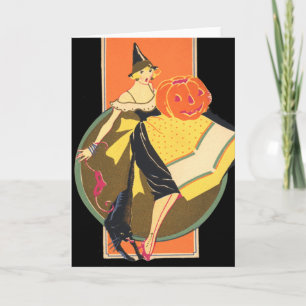 Carte Sorcière Art Déco Citrouille Jack O Lantern Chat N