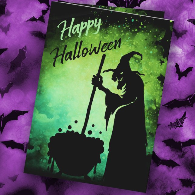 Carte Sorcière avec chaudière Happy Halloween Card (Witch with cauldron Happy Halloween Card)