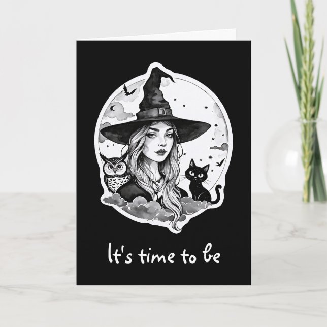 Carte Sorcière avec un chat et une chouette - Halloween  (Devant)