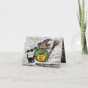 Carte Sorcière, Chat, Chauve-souris et Citrouille, Bonne