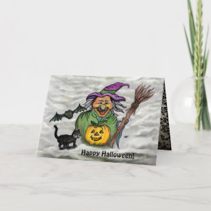 Carte Sorcière, Chat, Chauve-souris et Citrouille, Joyeu
