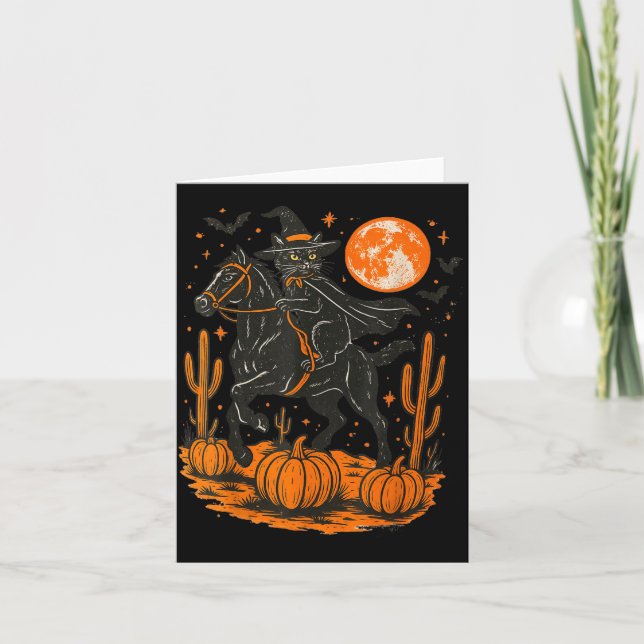 Carte Sorcière Chat Noir Chevalant un Cheval Halloween C (Devant)