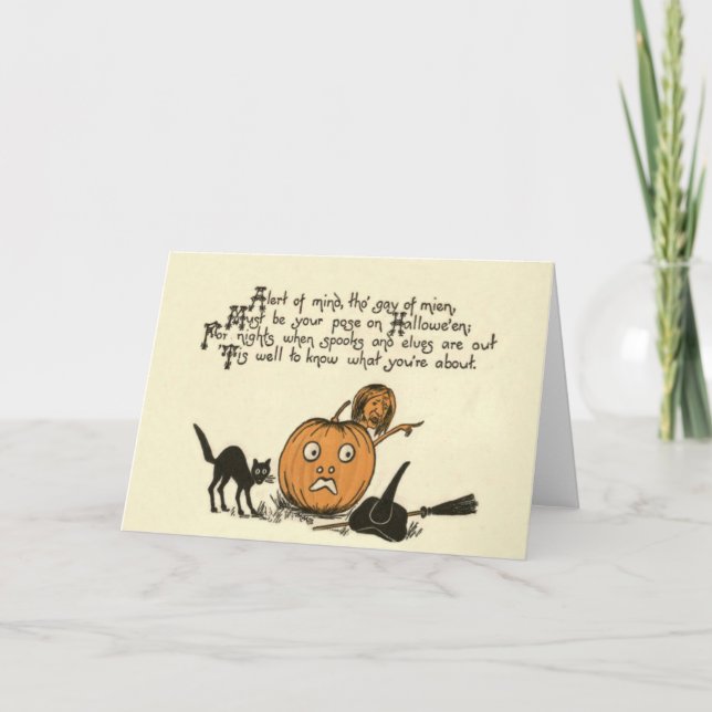 Carte Sorcière Chat Noir Citrouille Lanterne Poème (Devant)