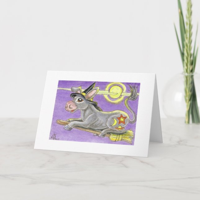 Carte Sorcière d'âne de Halloween et balai de vol (Devant)