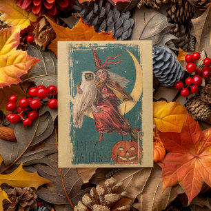 Carte Sorcière de Halloween vintage chouette & citrouill