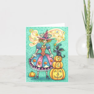 CARTE SORCIÈRE DE LA FÊTE ROSE, MAGIE D'HALLOWEEN CHAT N