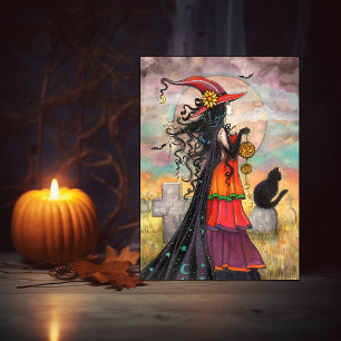 Carte Sorcière d'Halloween Chat Noir Cimetière Fantastiq