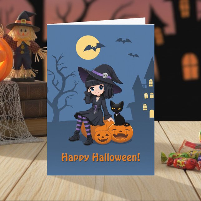Carte Sorcière d'Halloween, chat noir et citrouilles inc (Créateur téléchargé)
