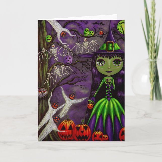 Carte Sorcière d'Halloween en violet et vert (Devant)