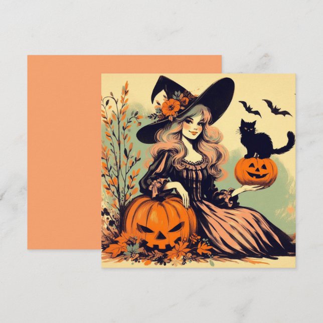 Carte Sorcière d'Halloween rétro avec chat noir et Citro (Devant / Derrière)