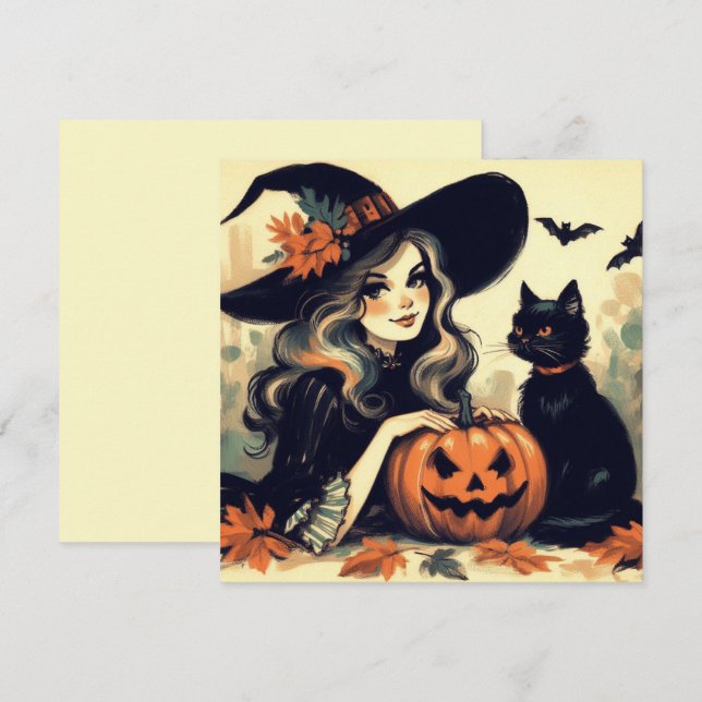 Carte Sorcière d'Halloween rétro avec chat noir et Citro (Devant / Derrière)