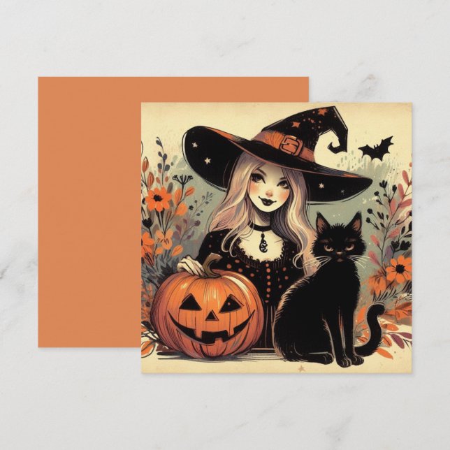 Carte Sorcière d'Halloween rétro avec chat noir et Citro (Devant / Derrière)