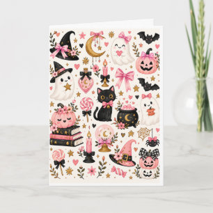 Carte Sorcière d'Halloween rose Mignons fantômes Chat no