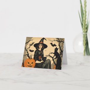 Carte Sorcière d'Halloween vintage, Citrouille, Chat noi