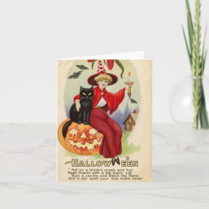 Carte Sorcière d'Halloween vintage et chat noir