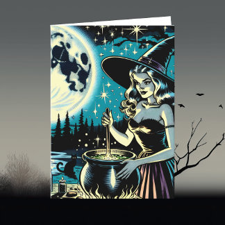 Carte Sorcière d'Halloween vintage remuant un Cauldron