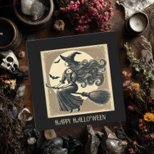 Sorcière Élégante sur Balai Halloween Vintage Noir