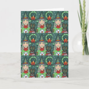 CARTE SORCIÈRE EN TRICOT DE BONHOMME DE NEIGE, CHAT NOIR