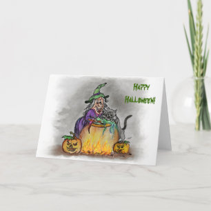 Carte Sorcière et chat, Joyeux Halloween !