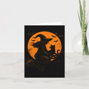 Carte Sorcière et chat mignon, chaton noir pour Hallowee