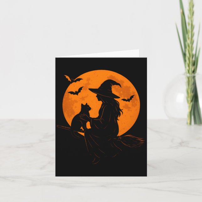 Carte Sorcière et chat mignon, chaton noir pour Hallowee (Devant)