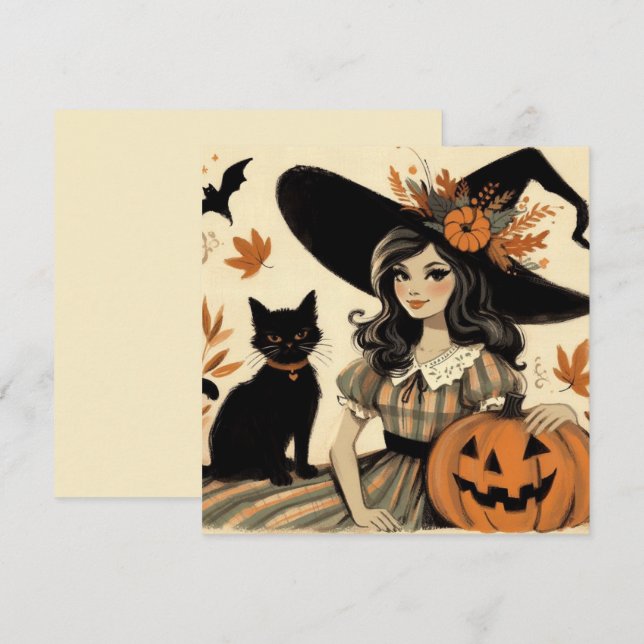 Carte Sorcière et chat noir rétro Halloween mignons (Devant / Derrière)