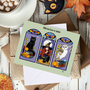 Carte Sorcière gothique chat noir hibou Halloween Art no
