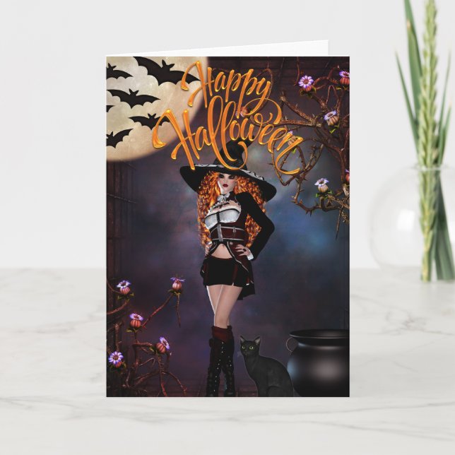 Carte Sorcière gothique et sa chatte noire Joyeux Hallow (Devant)