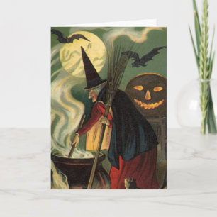 Carte Sorcière Halloween Vintage remuant un chaudron mag