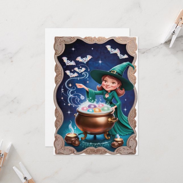 Carte Sorcière magique d'Halloween avec Cauldron (Devant/Arrière en situation)