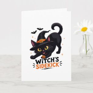 Carte Sorcière Mignonne et son Chat Noir Compagnon Hallo