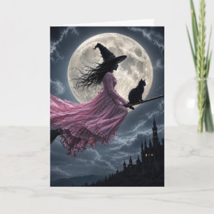 Carte Sorcière portant une robe rose sur un balai