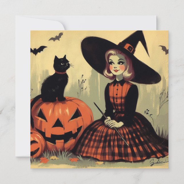 Carte Sorcière rétro Halloween et chat noir mignon (Devant)