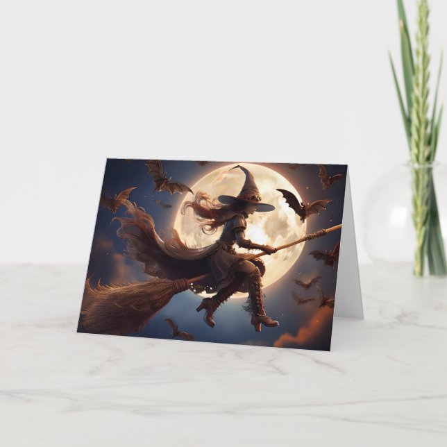 Carte Sorcière Steampunk Halloween Vol au Clair de Lune (Devant)