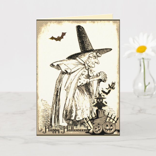 Carte sorcière vintage Halloween noir et blanc (Petite plante)