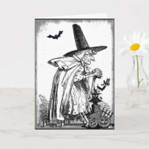 Carte sorcière vintage Halloween noir et blanc