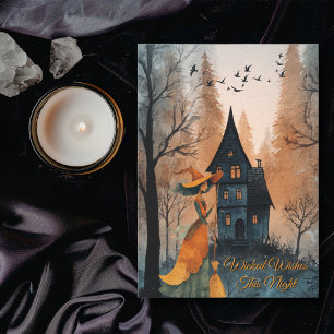 Carte Sorcière Vintage & Maison en forêt Halloween éléga