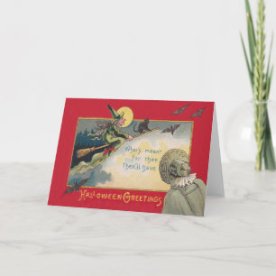 Carte Sorcière volante Chat noir Chauve-souris Pleine lu