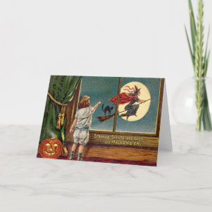 Carte Sorcière Volante Chat Noir Pleine Lune Citrouille