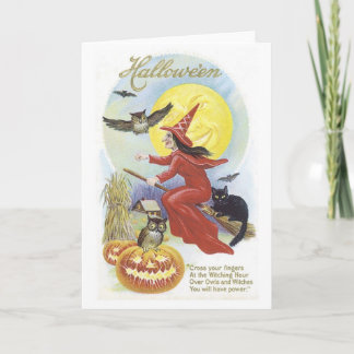 Carte Sorcière volante, chauves-souris, chat, Chouette