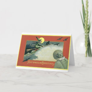 Carte Sorcière volante d'Halloween et chauves-souris