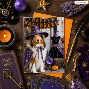 Carte Sorciers Fantaisistes Collie & Chat Halloween Plié